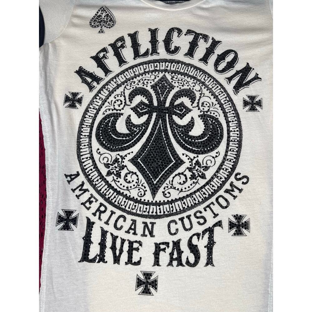 Affliction Live Fast American Customs Studded Graphic shirt S Cream Black Flawed - Picture 9 of 11